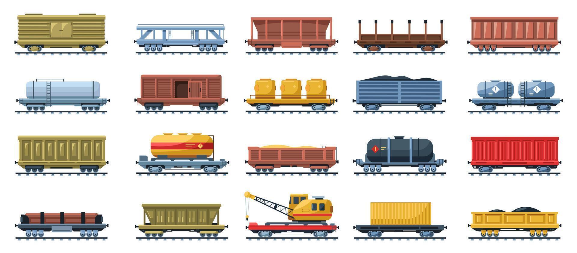 Freight train. Railroad locomotive transport and rail cargo carriages, railway wagon platform with containers for transport goods, train shipment delivery. set vector