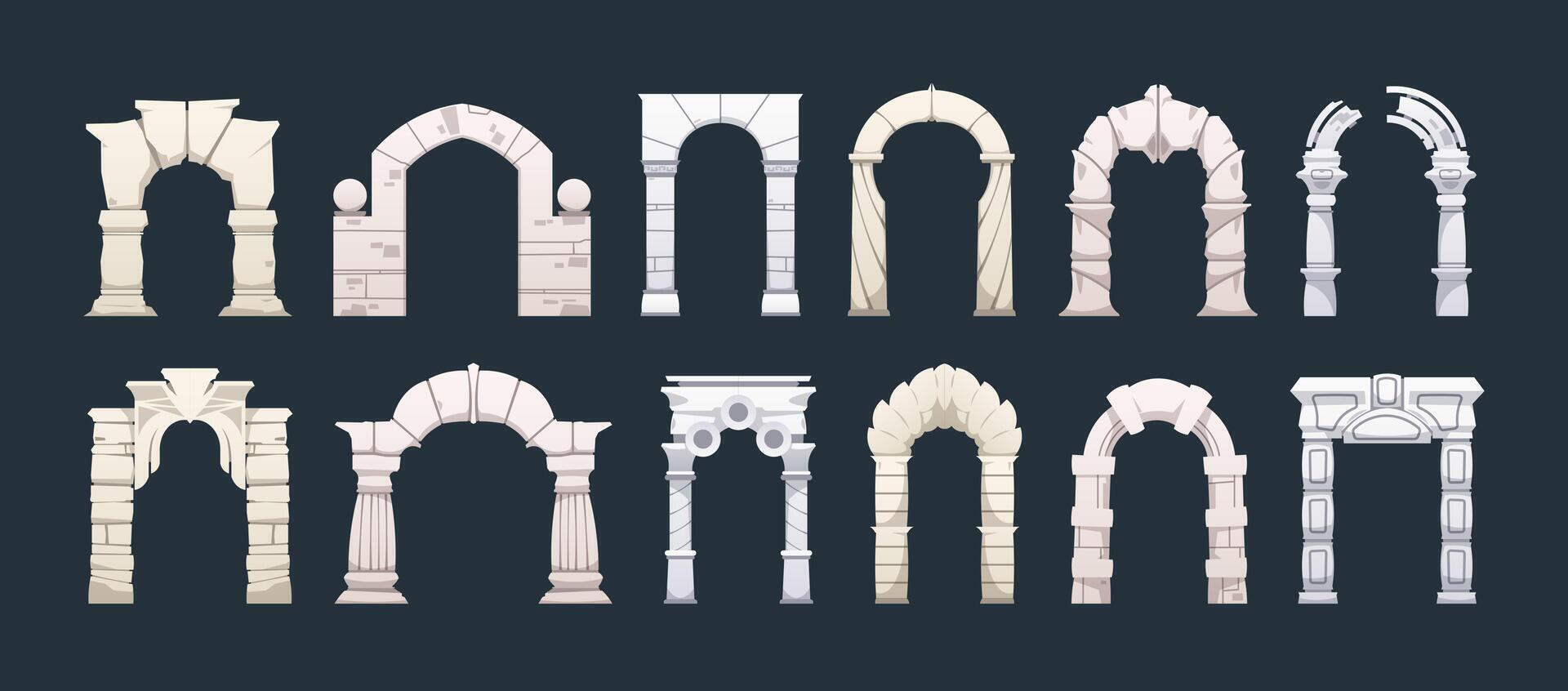 Roman arch. Antique pillar and stone gate architecture elements with columns, classic marble stone archway pillars and arches, renaissance building decor. isolated set vector