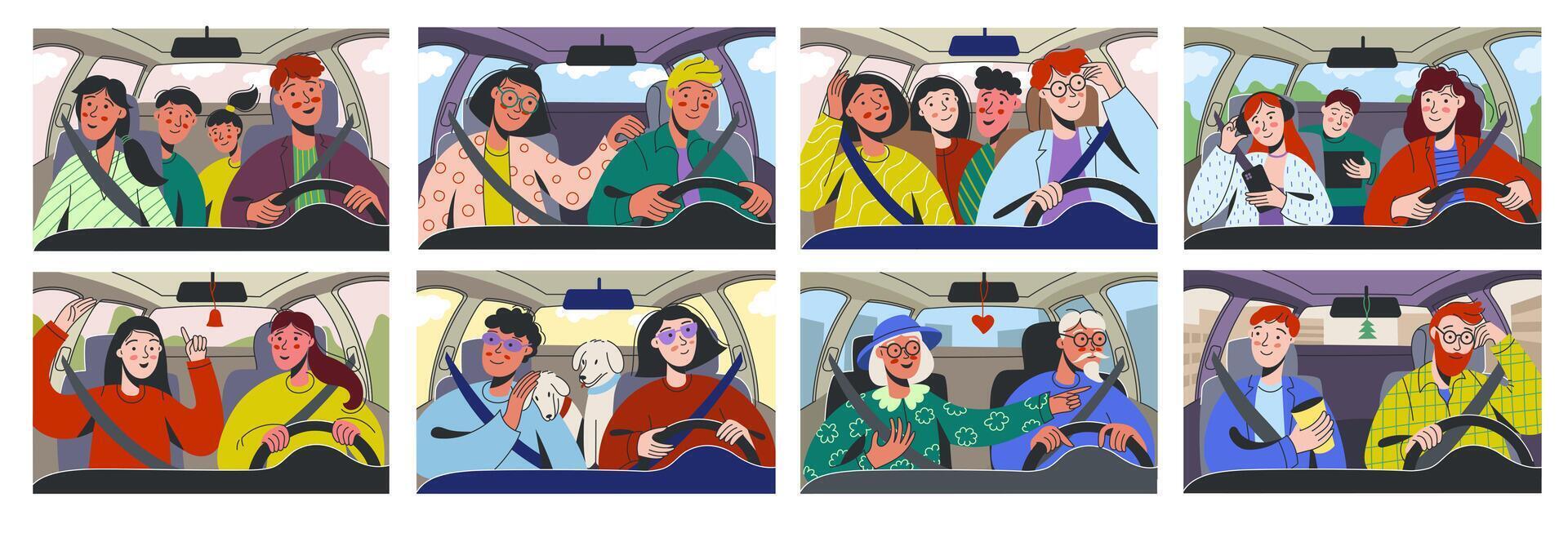 People driving car. Family road trip cartoon characters in automobile, couple driving on date, man woman travel with dog, driver with passenger. car interior set vector