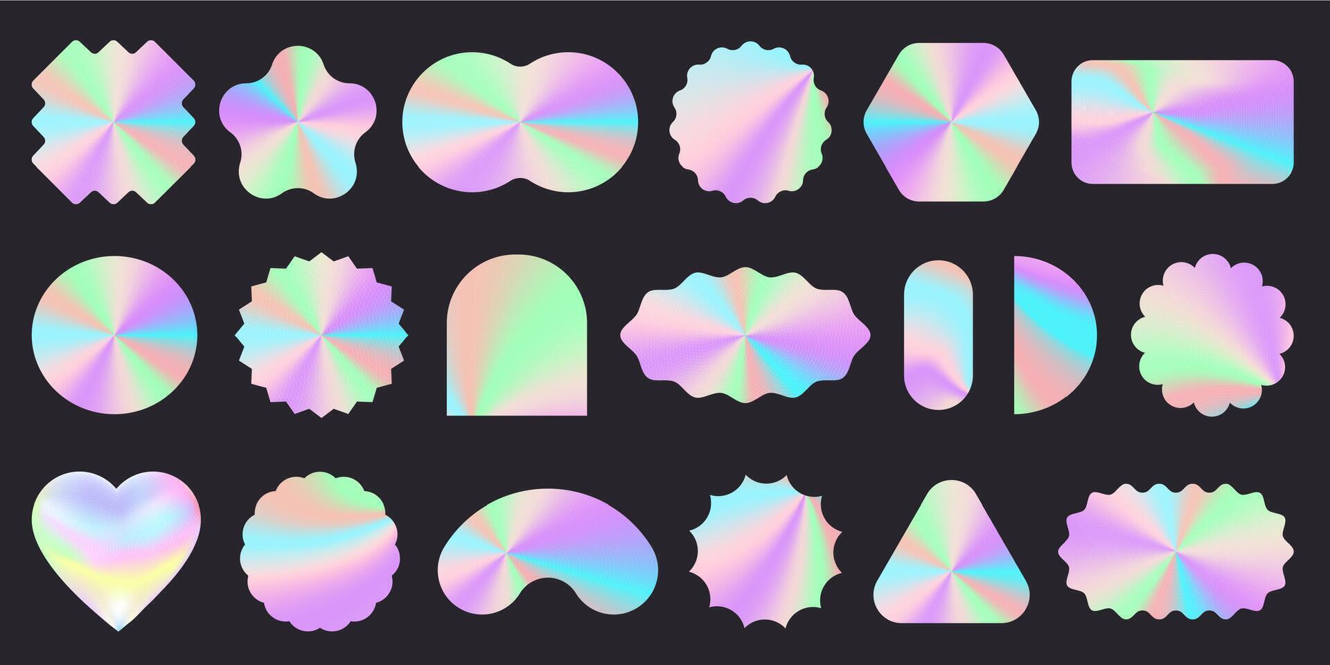 Hologram stickers. Realistic silver badge iridescent foil holographic mockups different shapes, rainbow chrome hologram label for product packaging design. set vector