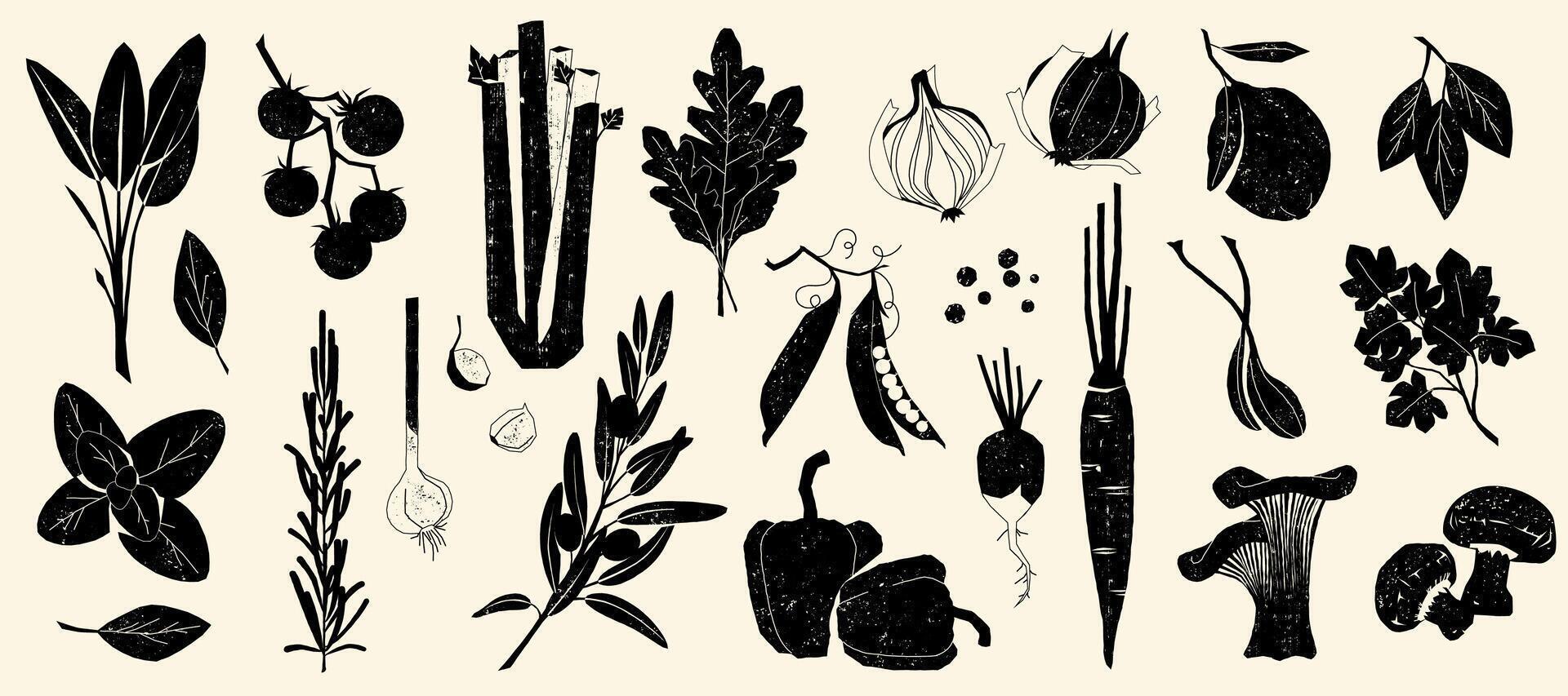 Black stamp vegetables. Retro woodcut engraved farm food icons, organic healthy products, tomato onion garlic celery pepper. vegetable sketch collection vector