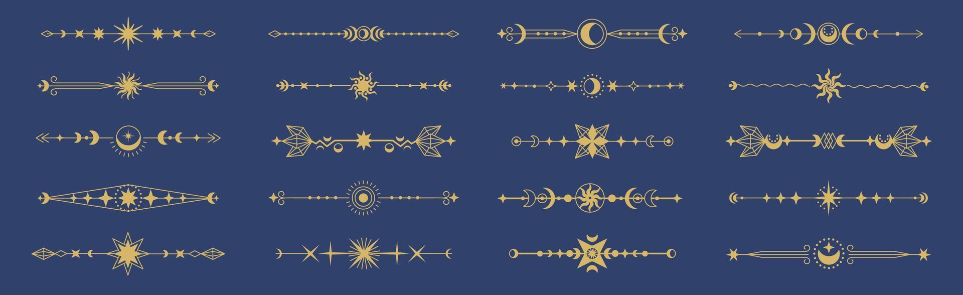 Mystic decoration lines. Ornamental frame divider minimalist elegant text border with floral accents, astrological calligraphic dividers ornate boho elements. set vector