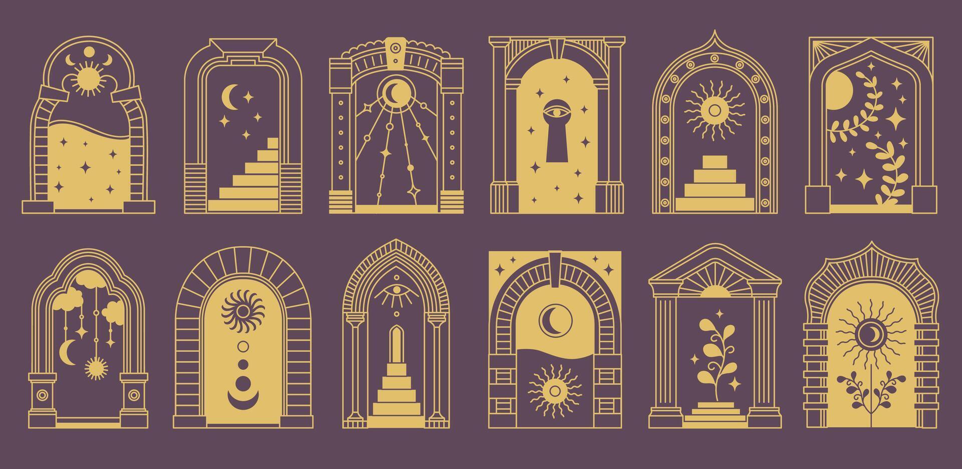 Boho arch frame. Door frame abstract ornate art deco geometric archway, vintage minimal bohemian arched linear design, trendy door way architecture frames. collection vector