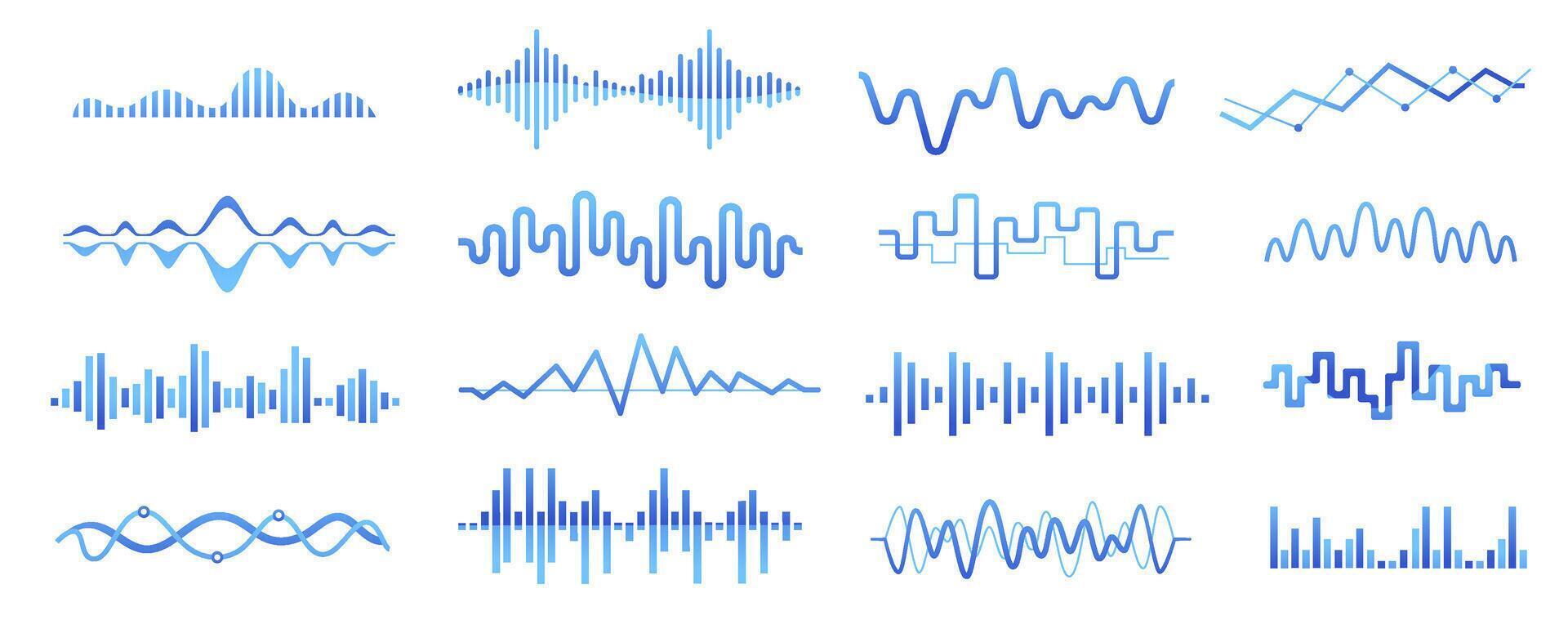 Audio podcast sound wave. Music song waveform, radio broadcast voice track, equalizer curve pulse, sound vibration amplitude level. isolated set vector