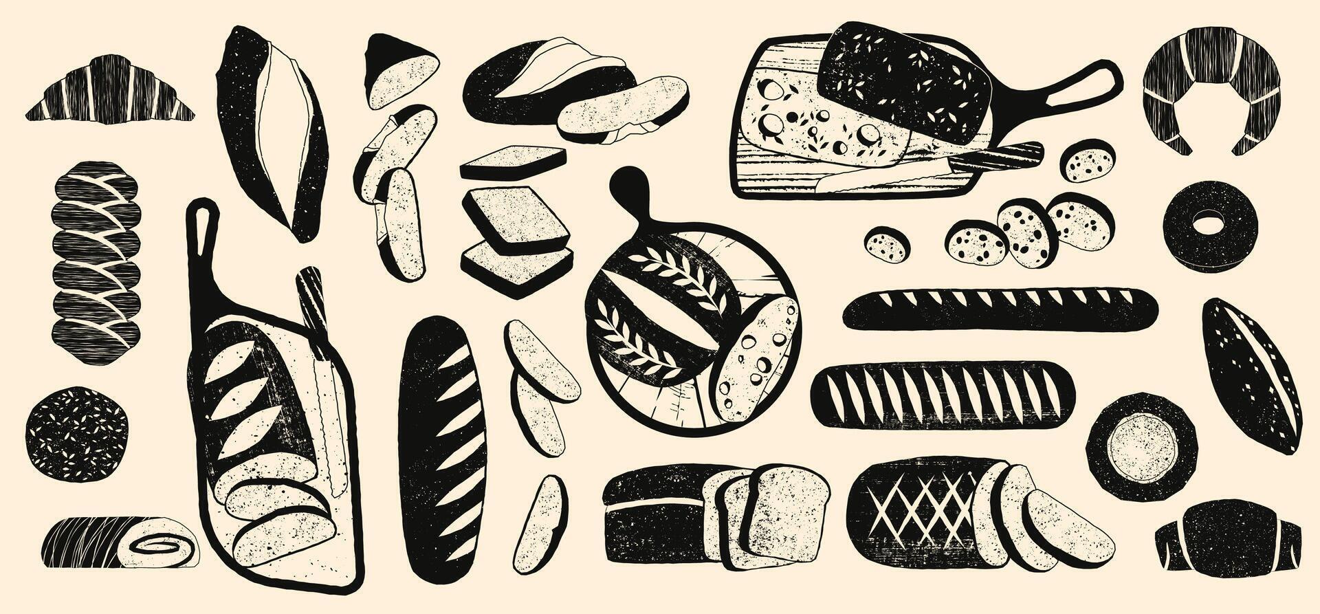 Bread silhouette. Black bakery bread icons, baked loaf baguette roll pretzel croissant bun, pastry sketch elements for bakery menu design. bread isolated set vector