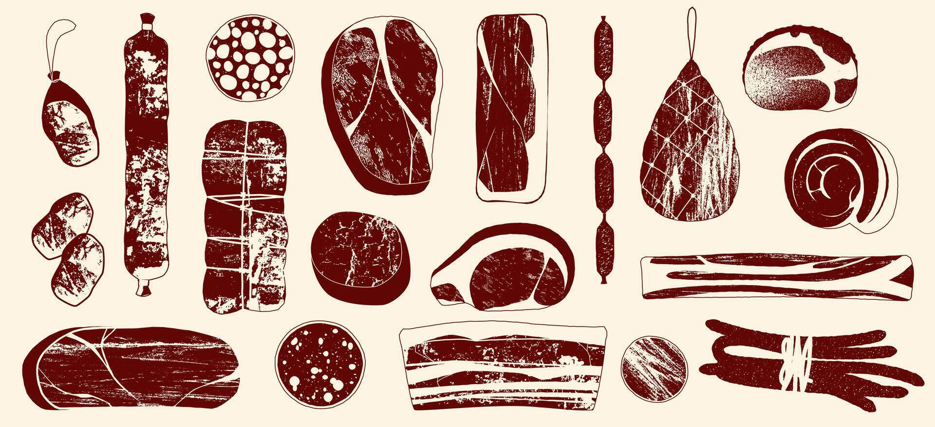 Meat products sketch. Hand drawn butcher beef, pork and chicken steaks, sausages and ham, mutton and lamb, gastronomy food, butchery concept. meat stamp set vector