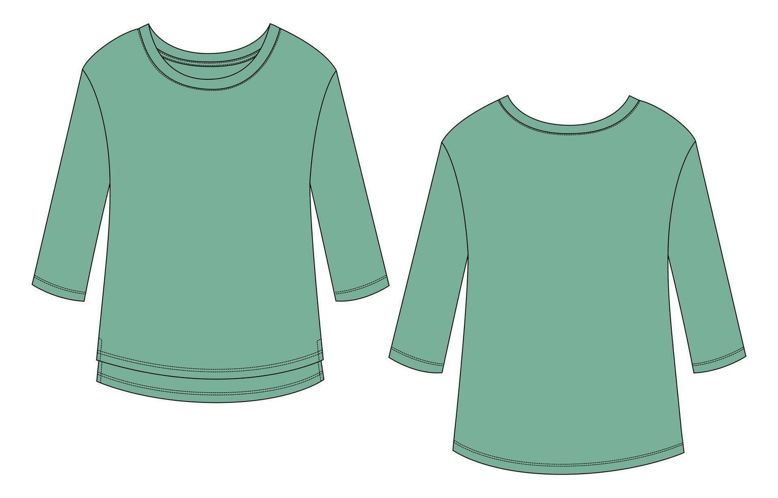 Long sleeve green color t shirt tops template for ladies isolated on white background vector