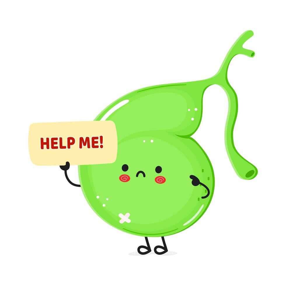 Cute sad sick Gallbladder asks for help character. hand drawn cartoon kawaii character illustration icon. Isolated white background. Suffering unhealthy Gallbladder concept vector