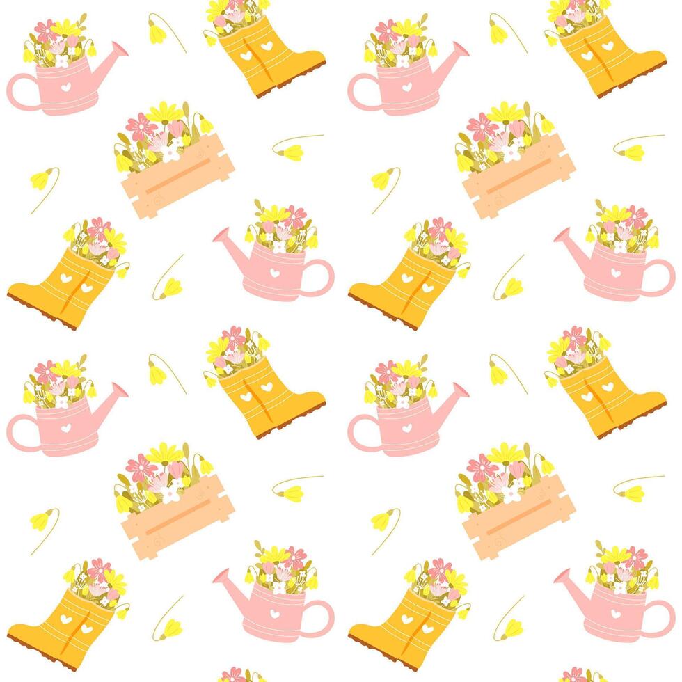 Cute spring seamless pattern with beautiful flowers in watering can and rubber boots. Childish seamless pattern perfect for clothes, nursery, textile, wrapping paper and so on vector