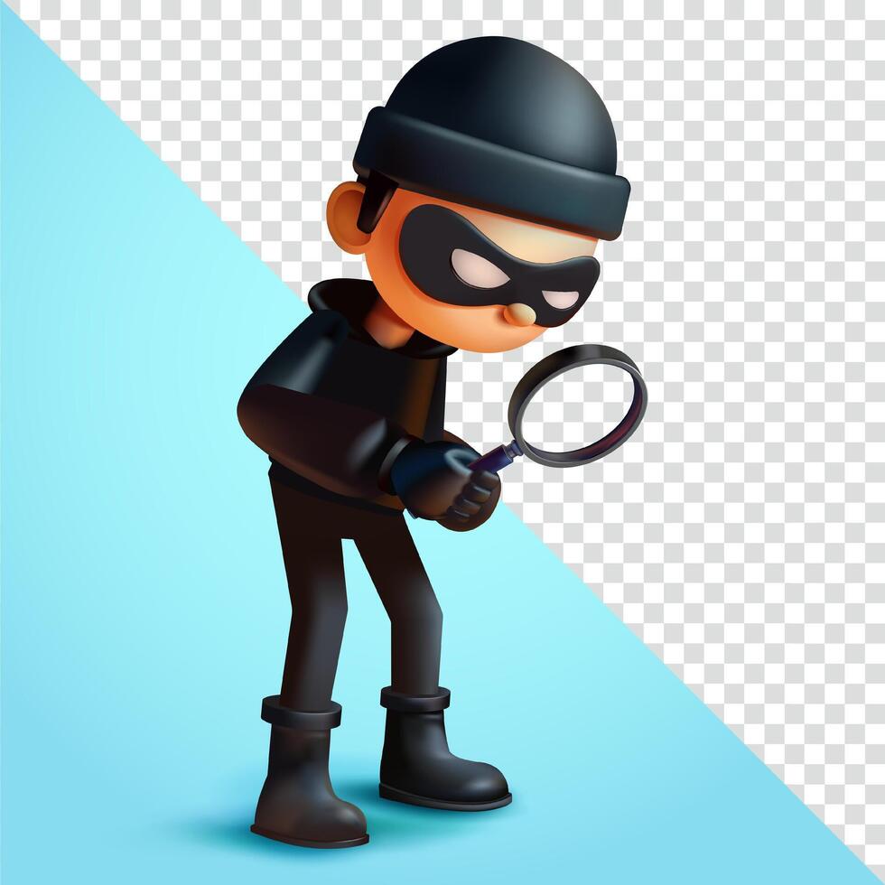 Thief looking with magnifying glass, 3d. Suitable for security and searching vector