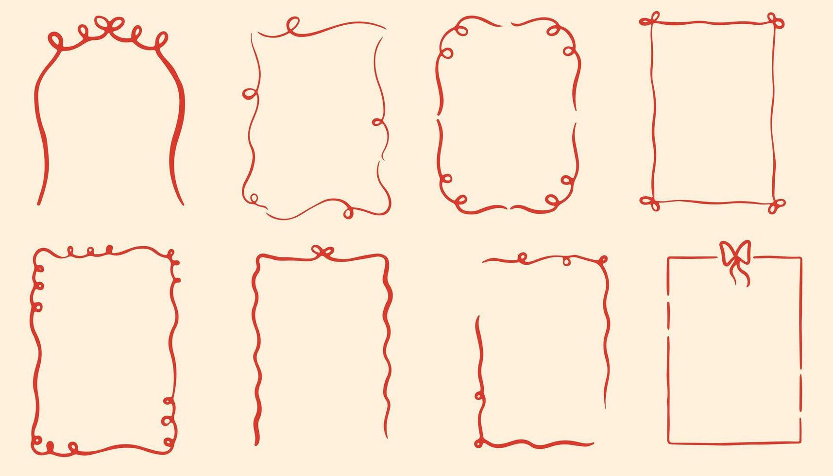 Doodle hand drawn frames with wavy lines, bows and ribbons. Coquette retro collection. Trendy vintage whimsical borders for wedding invitations, birthday card, prints. modern illustration. vector