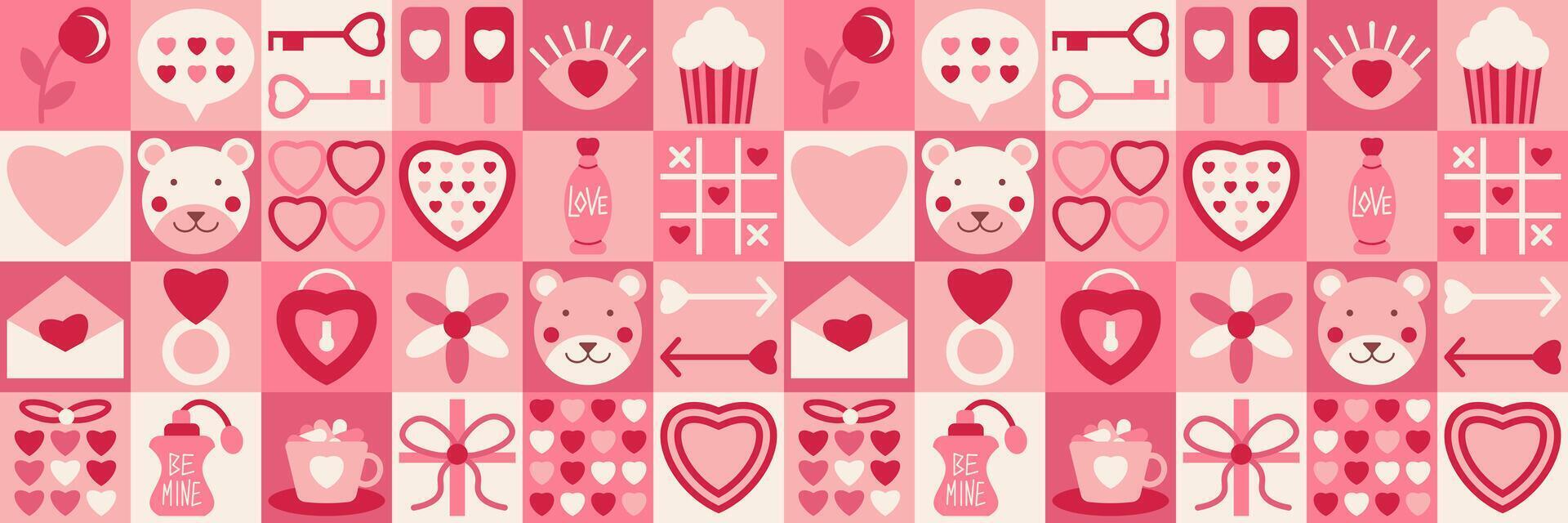 Geometric Love pink seamless pattern. Valentine's day endless background. Texture heart, donut, key. Romantic girly wrapping paper. Holiday romance backdrop simple shape icons for banner poster cover vector