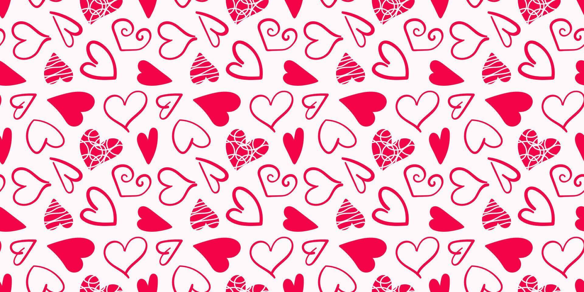 Valentine's day doodle hearts seamless pattern. Pink red hand drawn love element on romantic endless background print. Cute minimalist holiday backdrop texture, wedding wallpaper, banner cover, poster vector