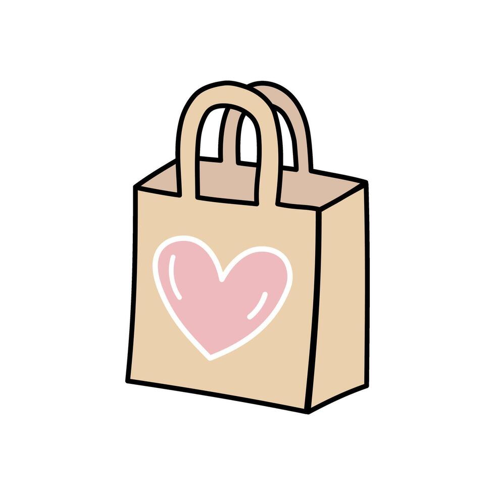 Reusable paper bag doodle and flat illustration with heart symbol vector