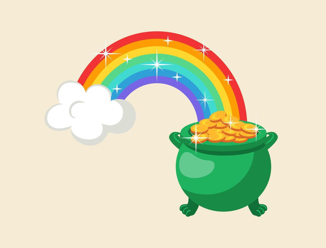 A whimsical illustration featuring a vibrant rainbow with an adorable leprechaun pot filled with shiny gold coins placed at the end, reminiscent of the magic of Irish folklore. st patricks day vector