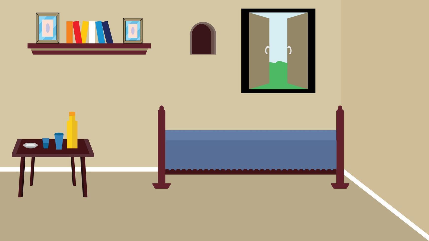 Village room inside , poor mud house room interior cartoon background illustrations. vector