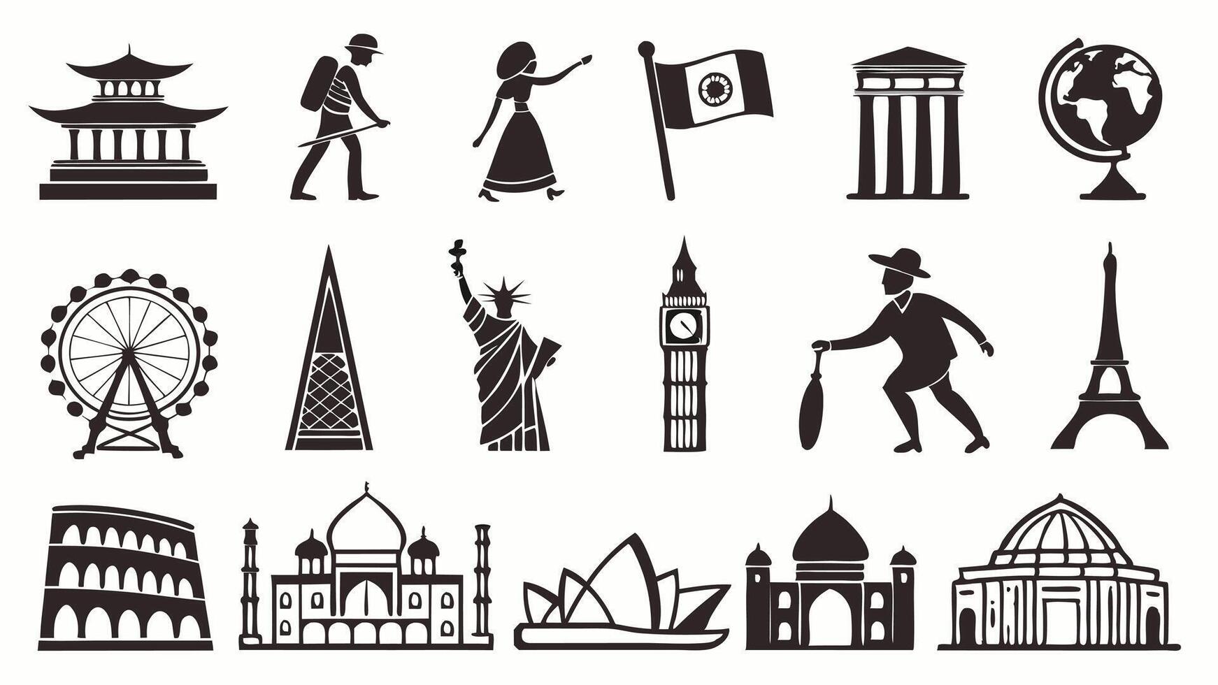 Flat icons of global culture, traditions, festivals, landmarks, and diversity in vibrant designs. vector