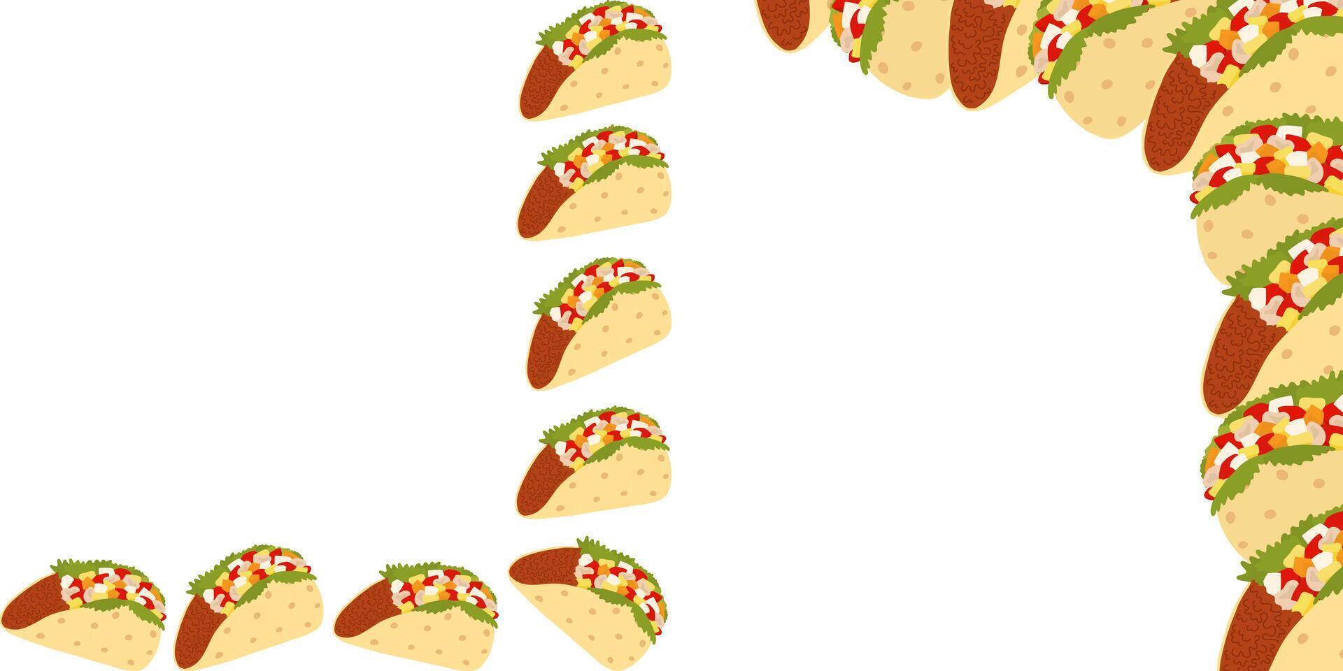 Mexican Tacos with salad, sauce and greens Corner Frame borders Greeting Set 2 Copy space Template. Isolated illustration Thematic cards, posters, price tag, label or web promo banner, leaflets vector