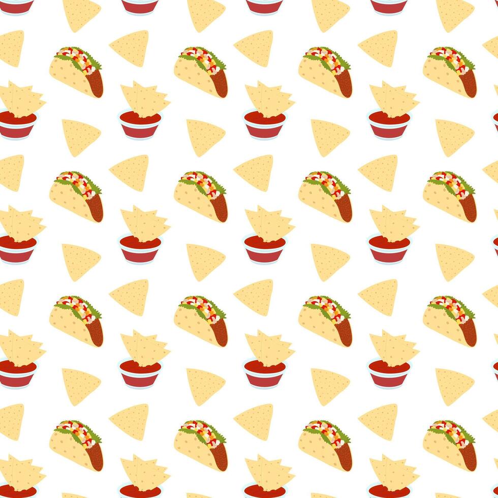 Mexican Taco meat filling and Nachos chips with salsa sauce in saucer Seamless Pattern. Mexican food. Isolated illustration Wallpaper, wrapping, packing or web promo banner, leaflet, menu card vector