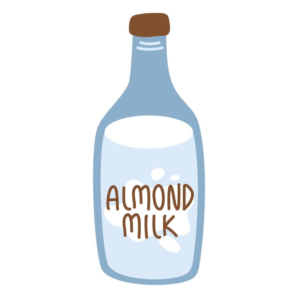 Almond milk in a cartoon bottle. Vegan milk vector
