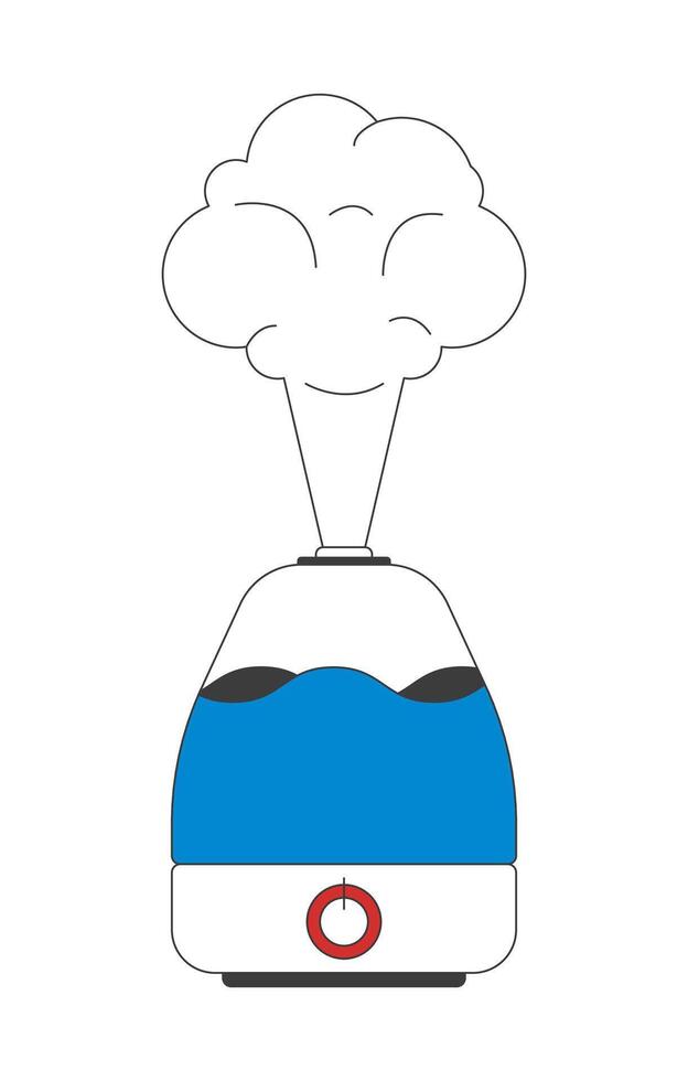 Humidifier releasing steam 2D cartoon object. Air purifier. Home appliance. Wellness device. Indoor air care. Health gadget isolated element flat clipart on white background. Spot illustration vector