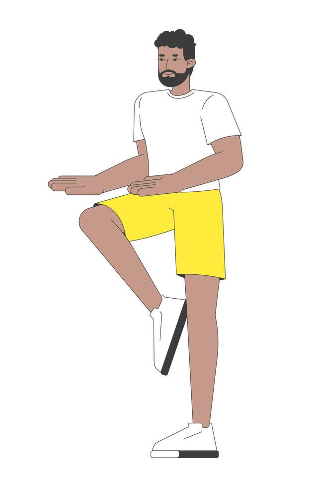 African american man balancing on one leg 2D cartoon character. Stability training. Black guy wearing t-shirt and shorts isolated person flat on white background. Spot illustration colorful vector