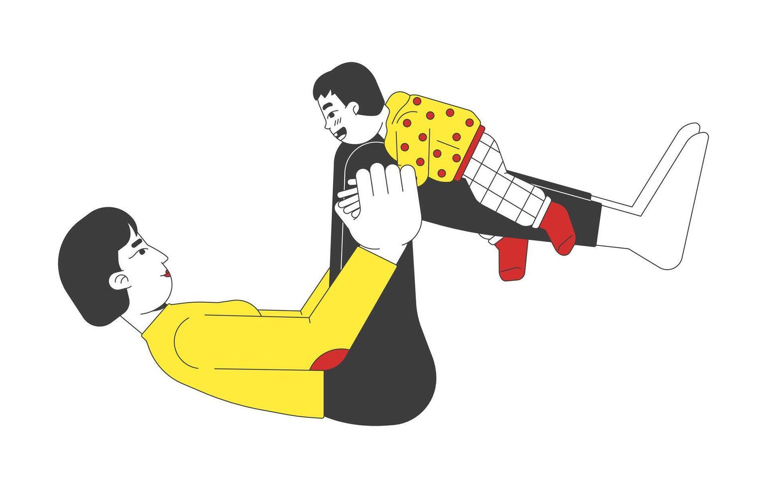Asian mother playing with child 2D cartoon characters. Parenting. Korean mom lying on back, lifting toddler in air playfully isolated people flat on white background. Spot illustration colorful vector