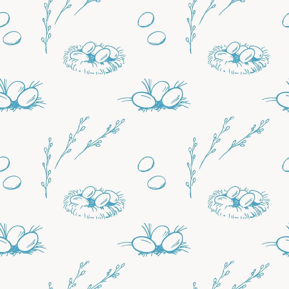Easter seamless pattern with chicken nest, willow branches and Easter eggs in field. Hand drawn festive repeating background. Decor for Paschal holidays, spring Christian motif, design rapport vector