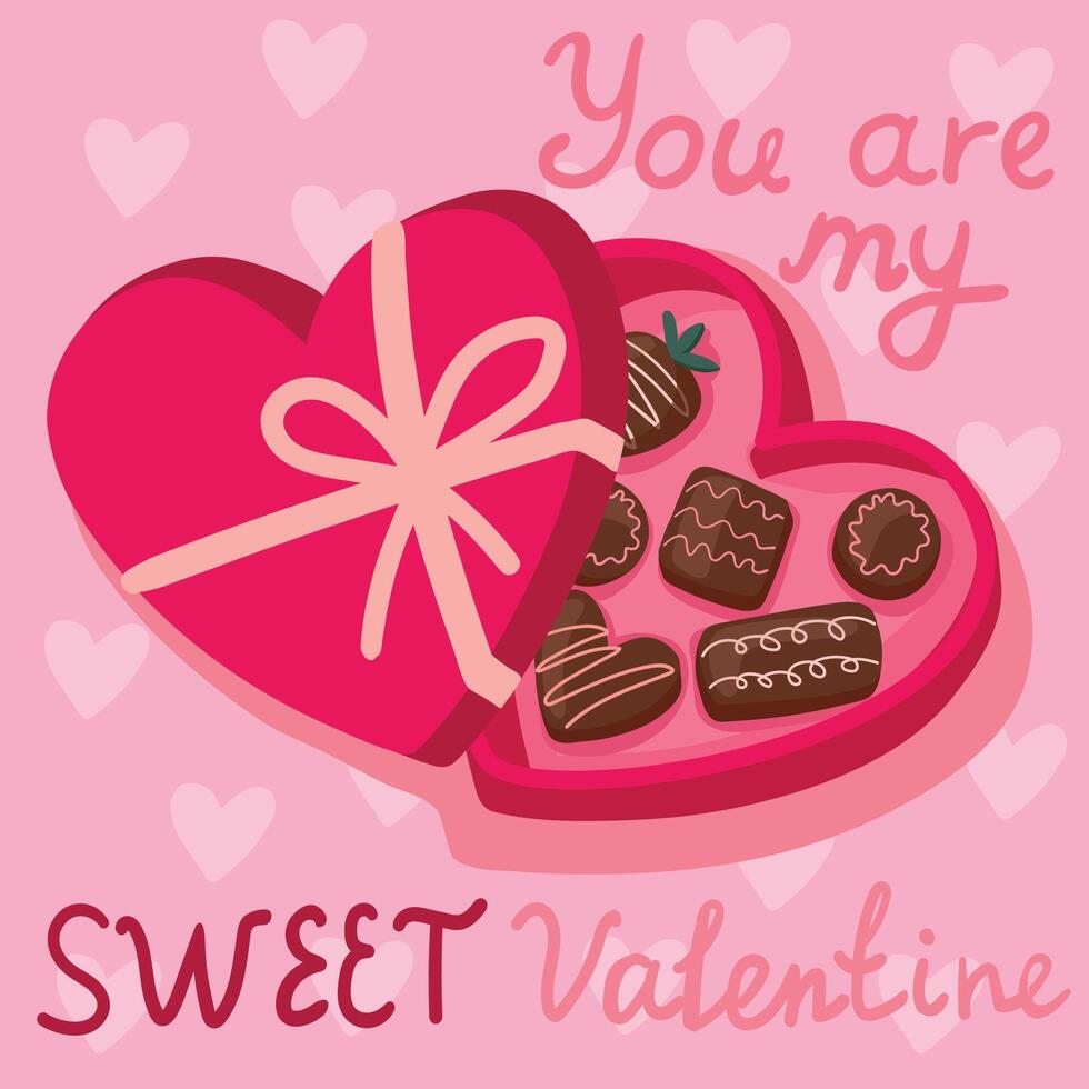 hand drawn heart shaped box of chocolates on a pink background with the inscription be my sweet valentine. Valentine's Day Gift vector