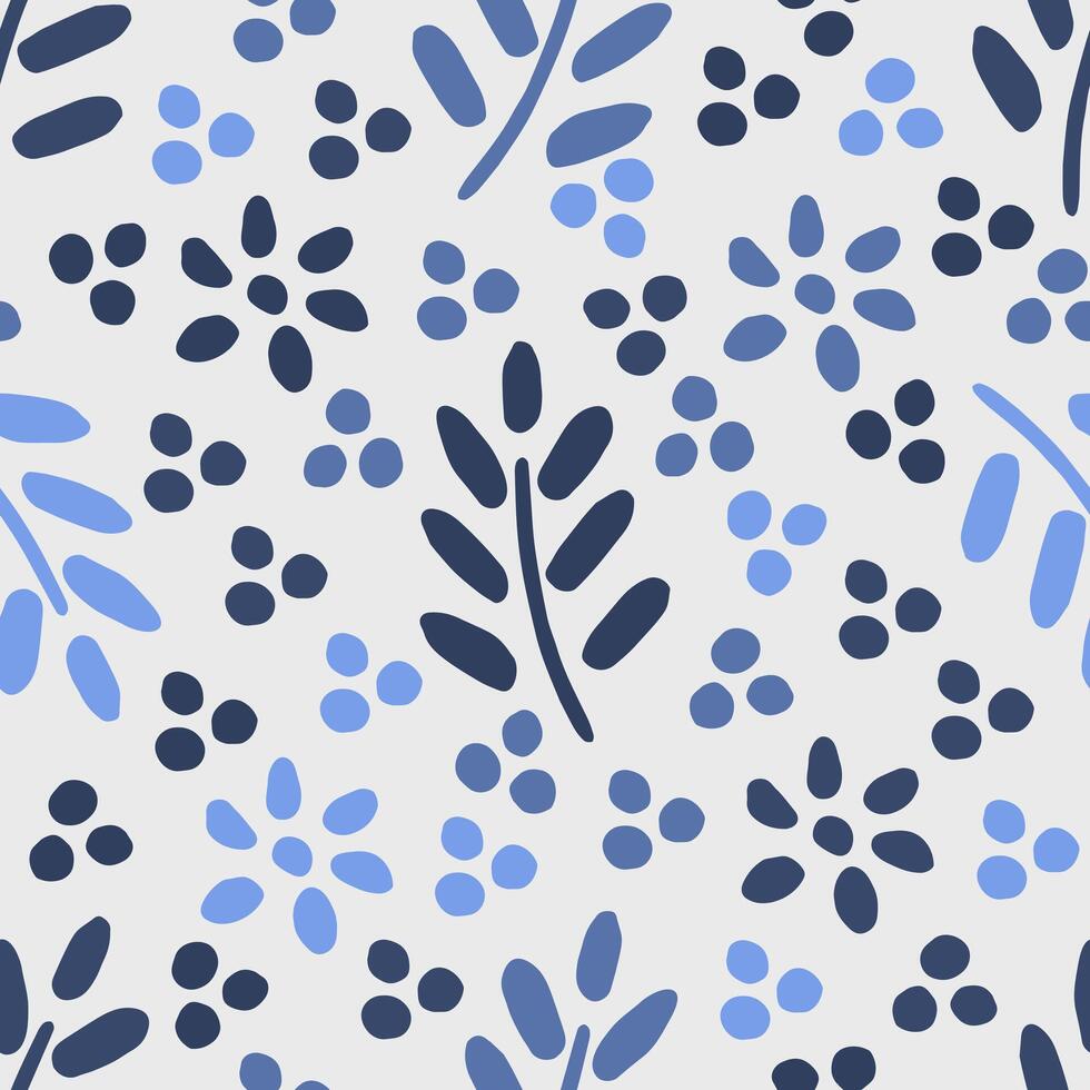 Simple abstract floral seamless pattern in blue gray colors. Twigs, dots, flowers in doodle style. For prints of fabric, textile products, packaging. vector