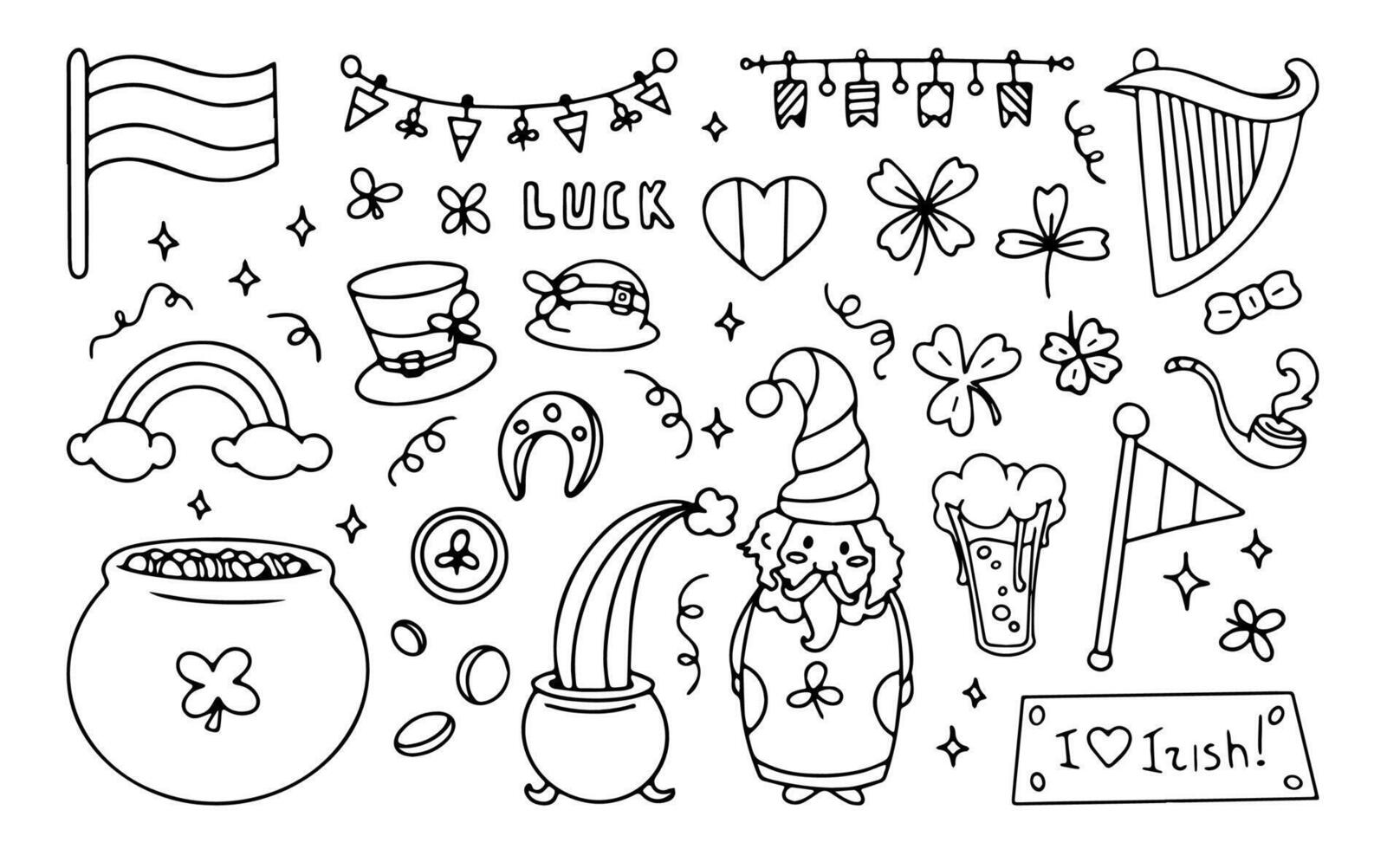 Saint Patrick's Day doodles with holiday symbols and objects, clovers, Irish flags, leprechaun. Group of line art stickers, decorative set. illustration. vector