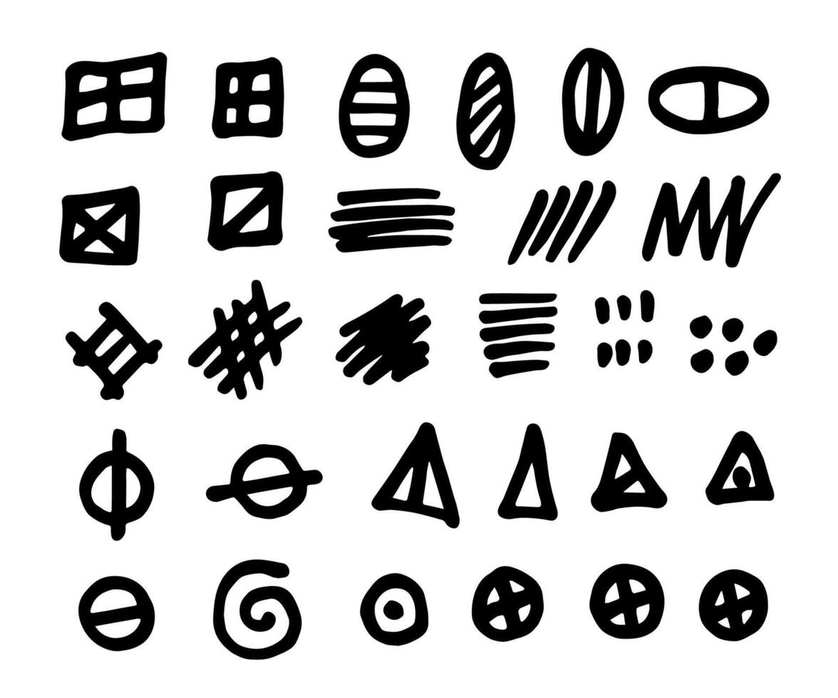 Simple doodle set of different geometric shapes. Strokes, triangles, circles, squares, spots. Black marker sketch. For creating a pattern, decoration. vector