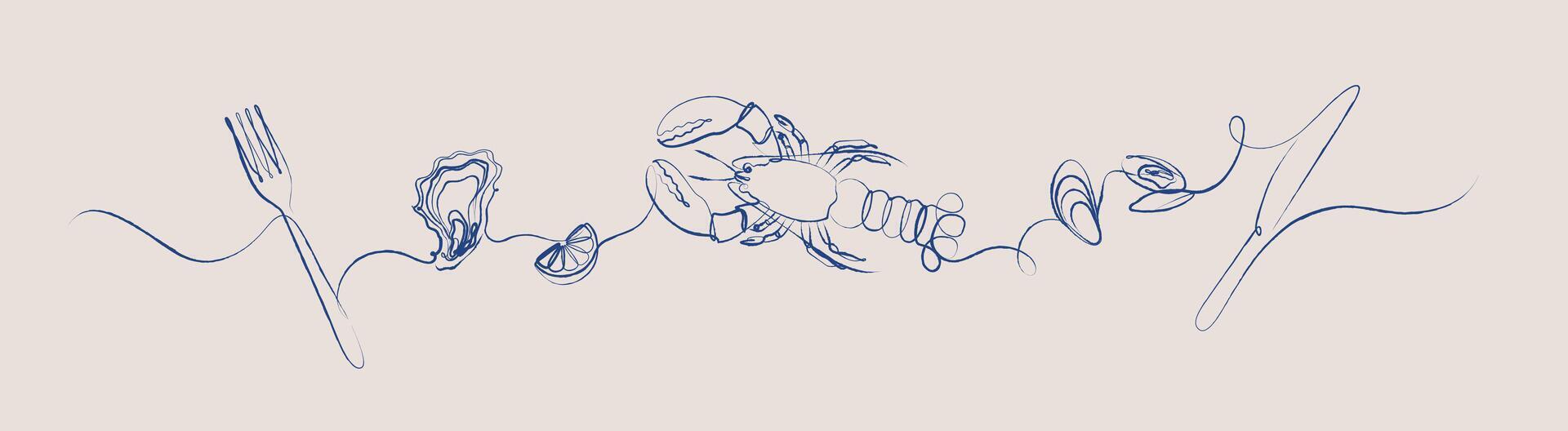 Seafood linear silhouette illustration with fork, oyster, lemon, mussel, knife drawing with blue on beige background vector