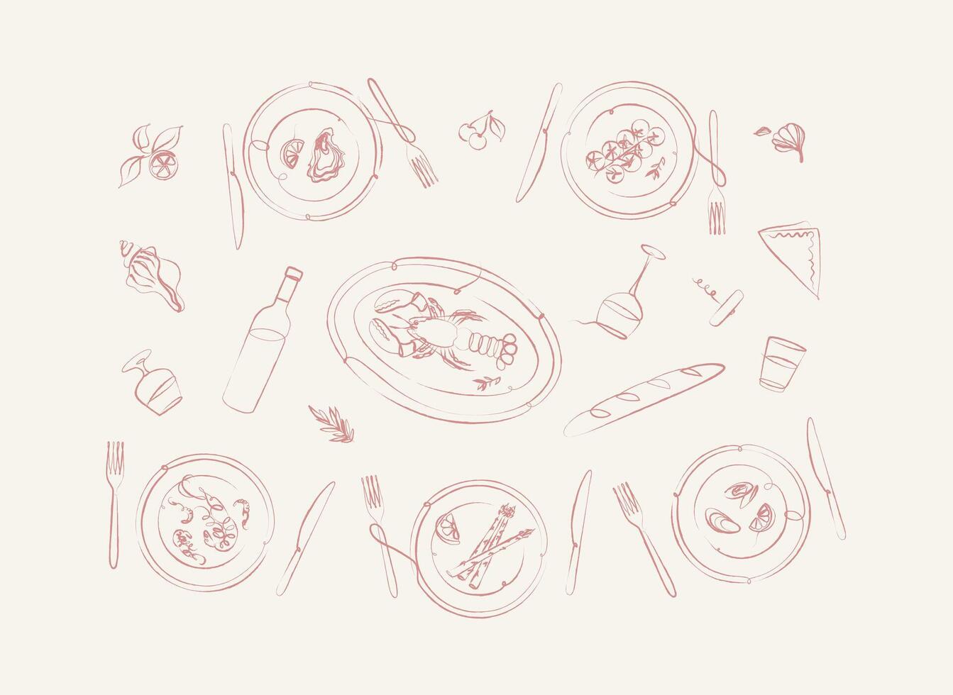 Seafood food plates collection oyster, shrimp, mussels, lobster, asparagus, tomatoes with fork and knife drawing with pink on beige background vector