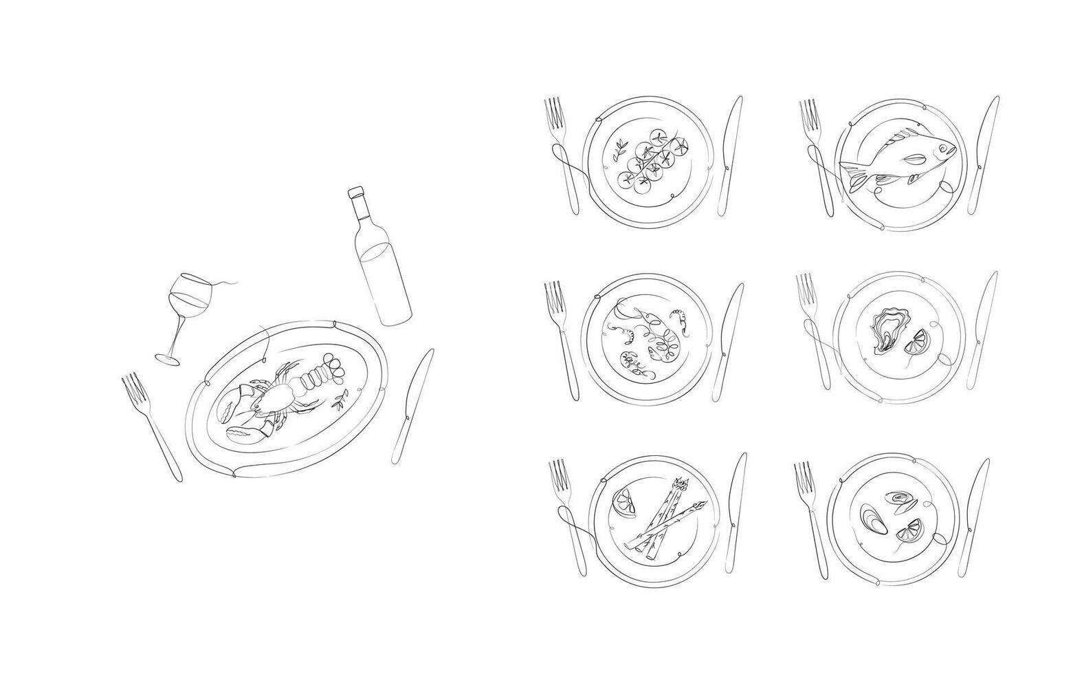 Seafood food plates collection oyster, shrimp, mussels, lobster, asparagus, tomatoes with fork, knife drawing on white background vector