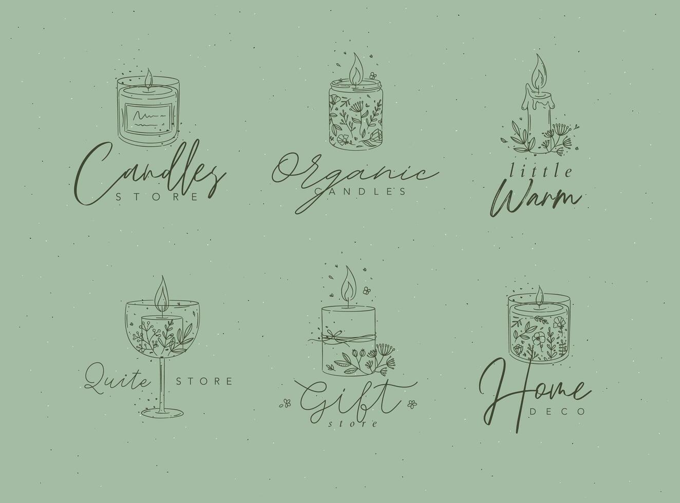 Candles with branches and leaves label collection drawing on green background vector