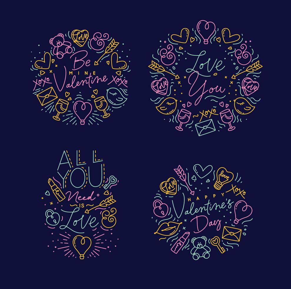 Set of valentines day flat monogram with greeting lettering drawing with color on blue background. vector