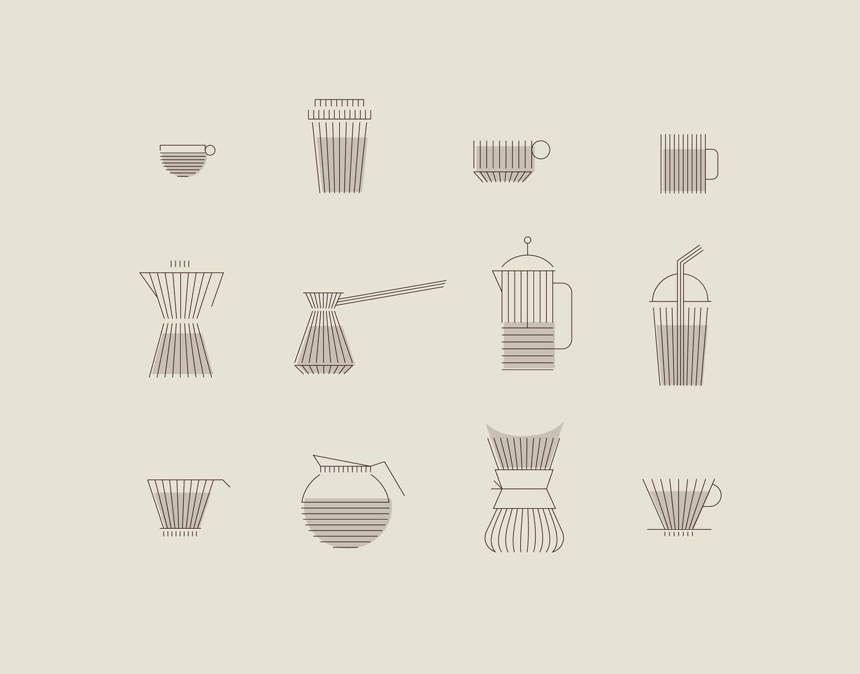 Coffee linear icon set cup, glass, french press, maker, filter, drip, turk, pot drawn with brown flat lines on beige background vector