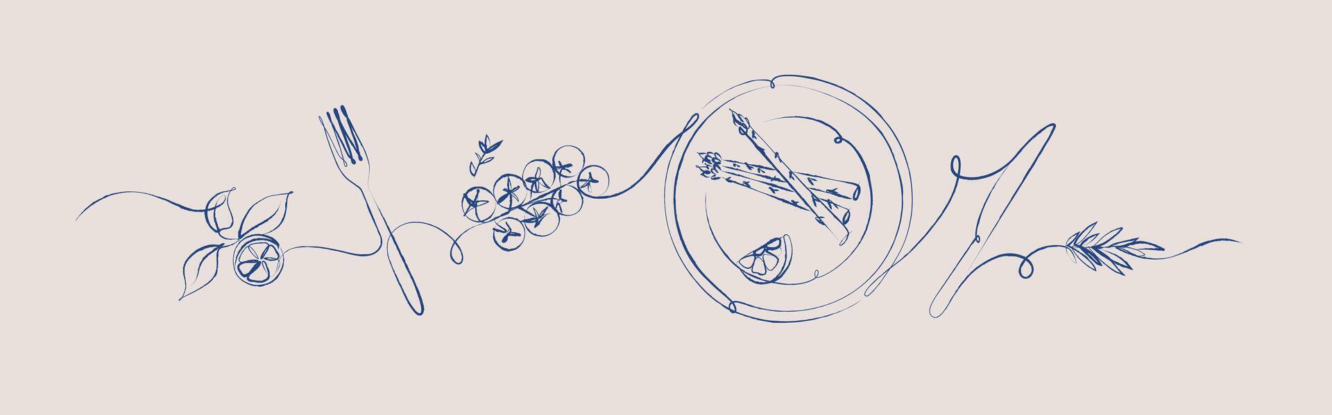 Vegetables linear silhouette illustration with lemon, fork, tomatoes, plate, asparagus, rosemary, knife drawing with blue on beige background vector