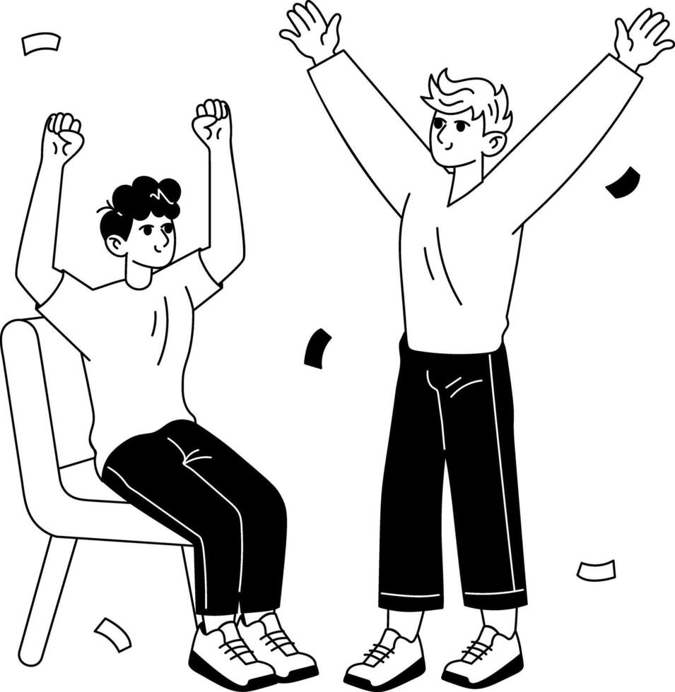 Two characters enjoying victory celebration, glyph illustration vector
