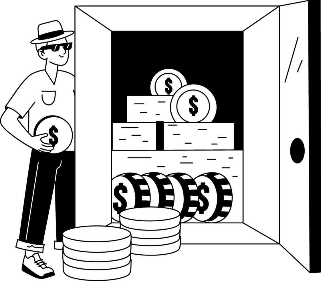 A character standing near casino vault, glyph style illustration vector