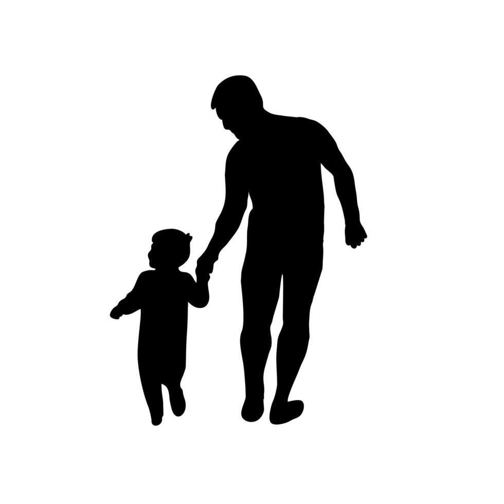 Father with his son hanging out together silhouette, little child holding his father's hand and walking vector