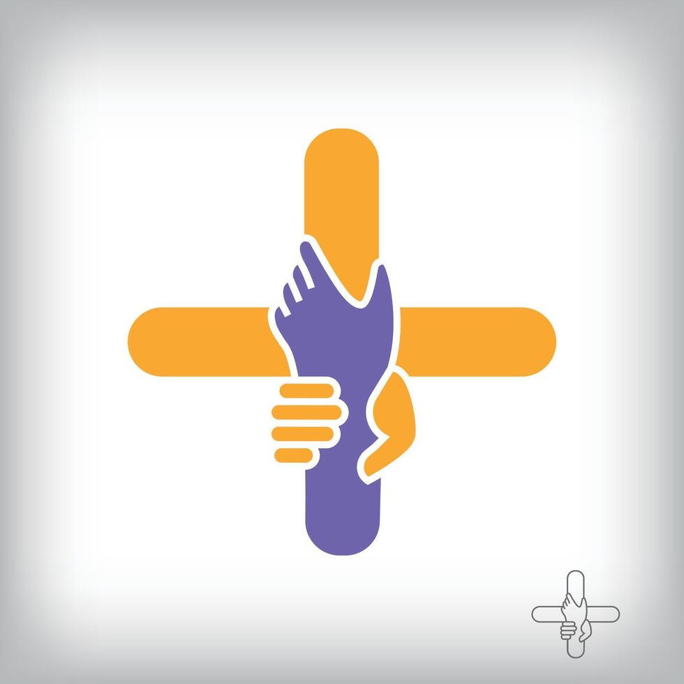 Unique handshake plus sign design logo. Collaboration, help, agreement and teamwork corporate company design. vector