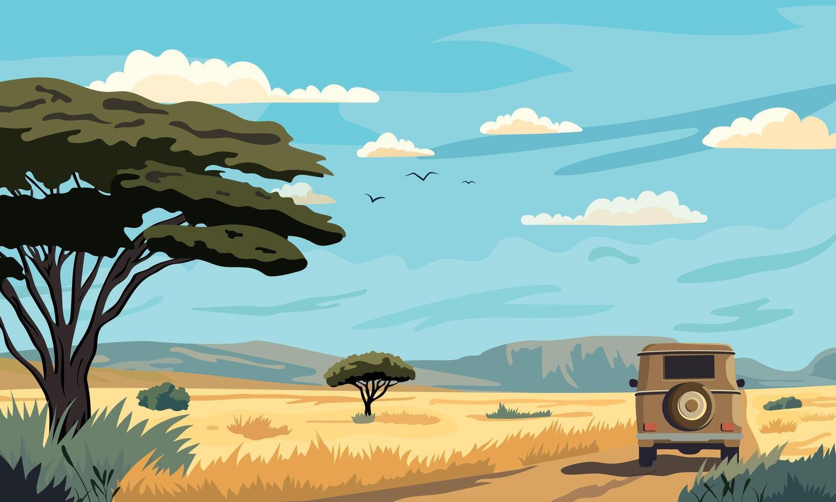 Cartoon African safari landscape. Savannah adventure. Automobile tourism. Explore expedition trip. Tourists in vehicle. Nature panorama illustration banner vector