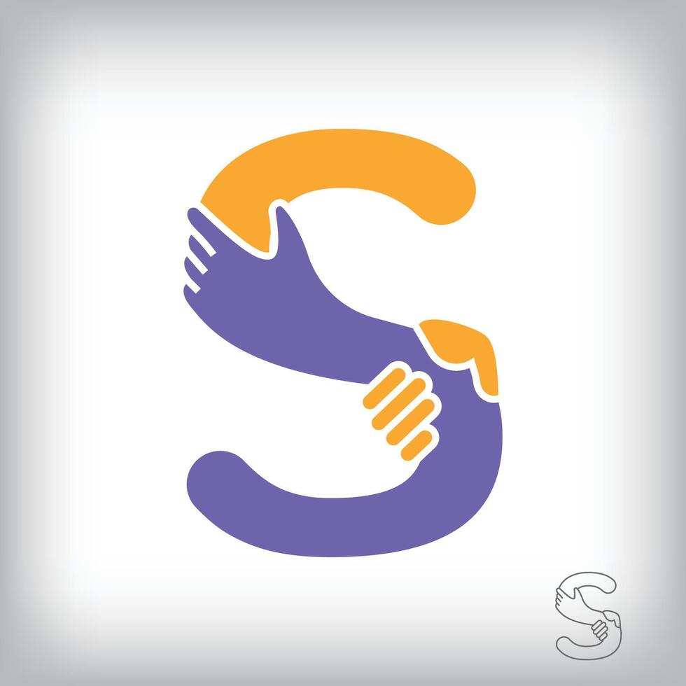 Unique handshake letter S design logo. Collaboration, help, agreement and teamwork corporate company design. vector