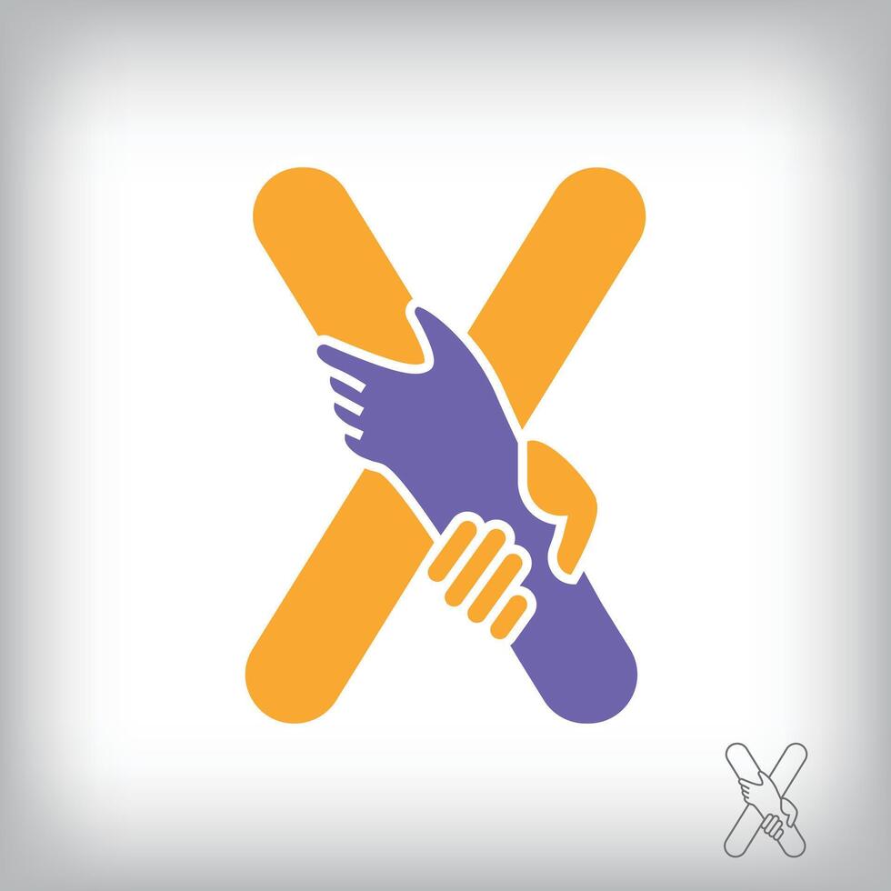 Unique handshake letter X design logo. Collaboration, help, agreement and teamwork corporate company design. vector