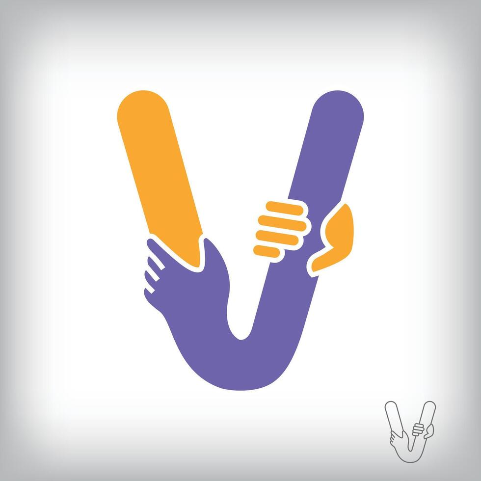 Unique handshake letter V design logo. Collaboration, help, agreement and teamwork corporate company design. vector