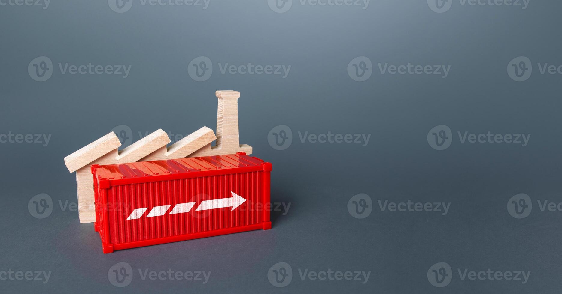 Factory and red shipping container ready for product shipment. Production of goods. Logistic transportation. Manufacturing industry. Distribution of goods. Export. Successful operating enterprise photo