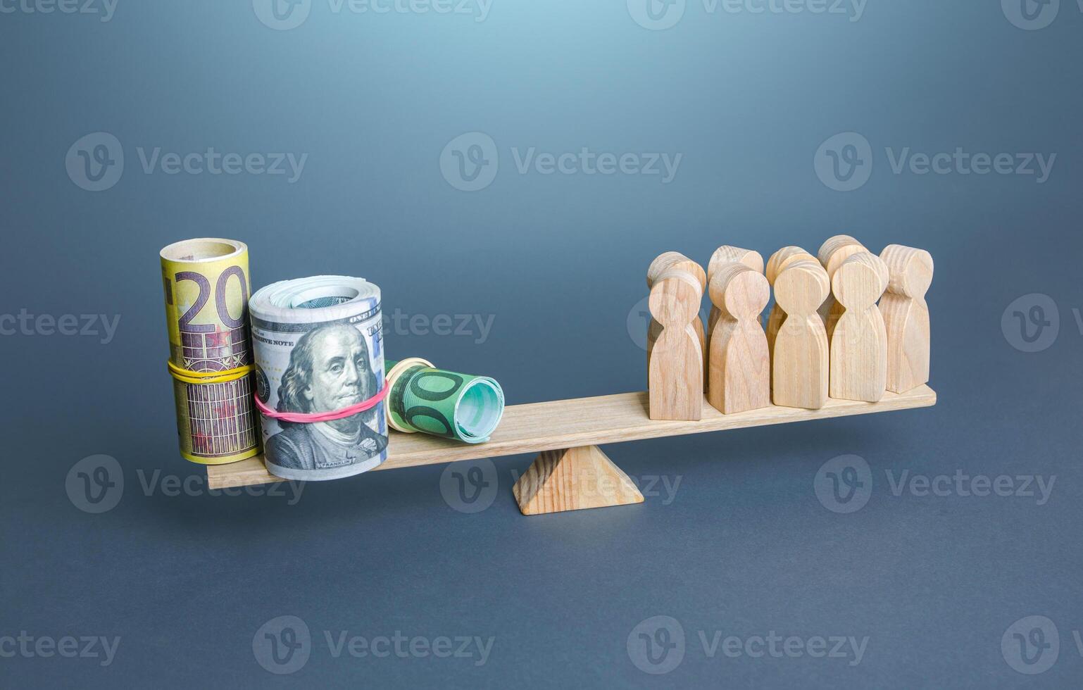 People and money on the scales. Subsidies. Concept of wages for employees and workers. Financial support and charity funding. Taxpayers paying taxes. Generation of profits and revenues. photo