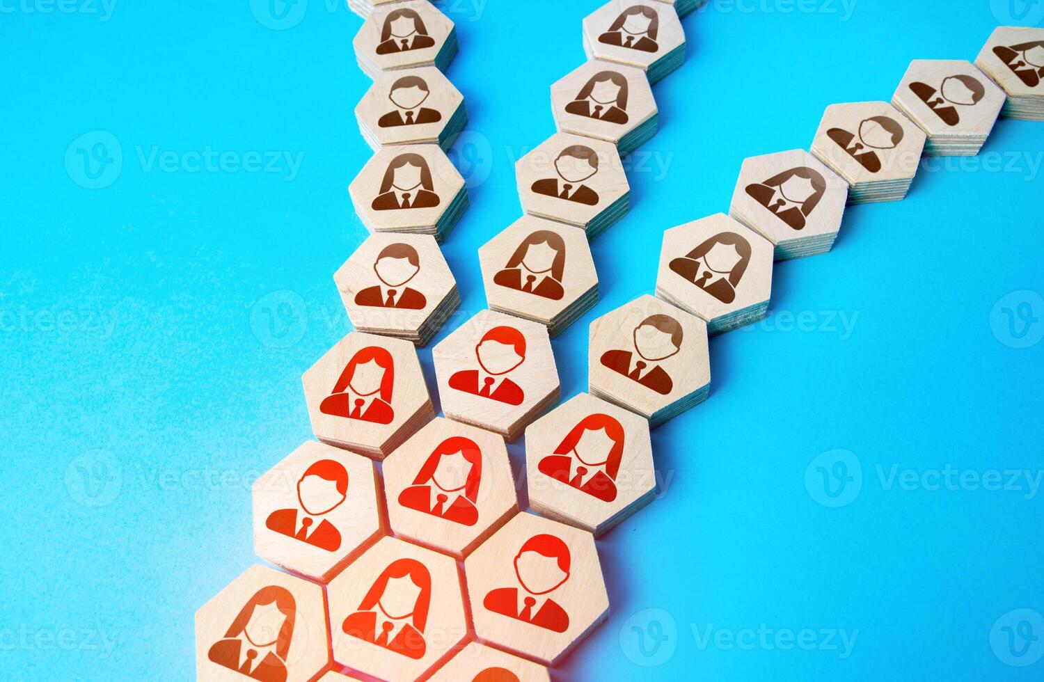 People are divided into smaller groups. Collapse of the organization. Conflict and disunity. Disintegration of a community group. Main stream branching . Segmentation. Confrontation. Dissociation photo